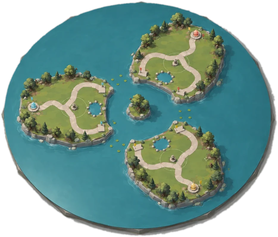 Twinwater Reach arena concept showing three separate defence islands around a central wooded outcrop.