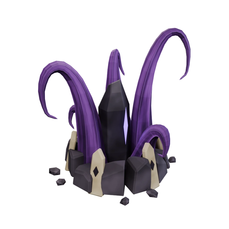 Tendril: violet limbs curled around an obsidian shard with bone braces and a stone base.